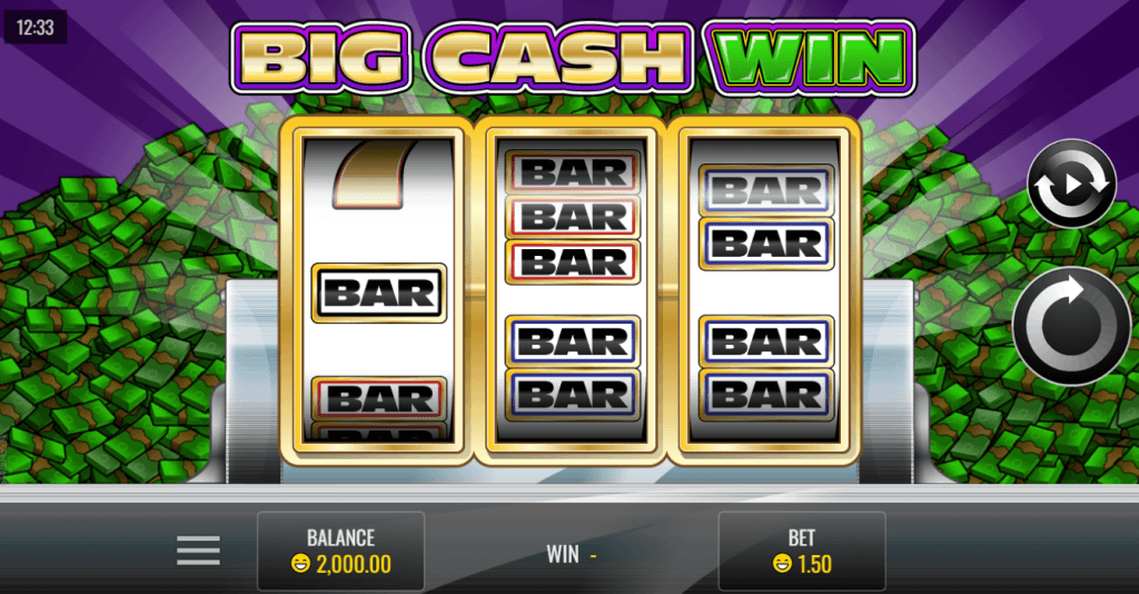 Big Cash Win mobile slot screen with three classic reels and bar symbols