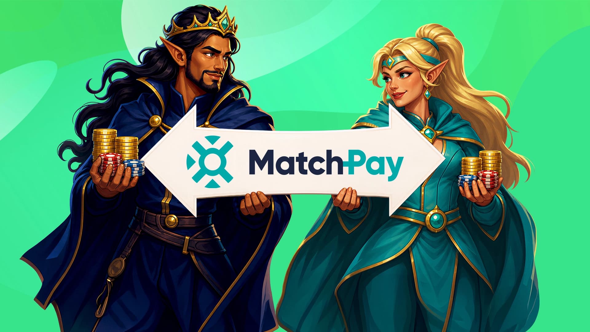 In a bright green image, a fantasy king and queen hold a two-sided white arrow that says “MatchPay,” about to demonstrate how the payment app works.