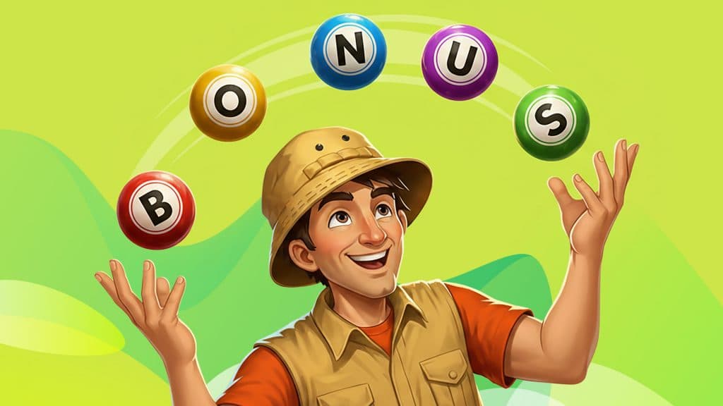 An adventurer juggles five bingo balls on a lime-green background, and those bingo balls spell “BINGO.”
