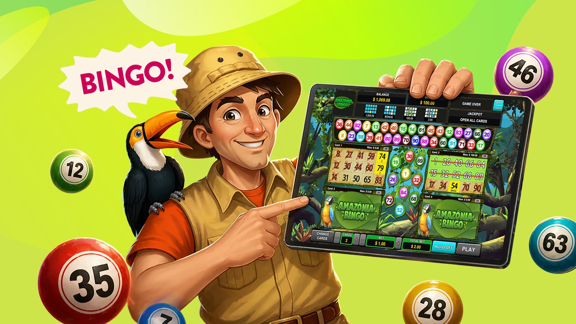 A man in a bucket hat and matching vest, with a toucan on his shoulder, points at an iPad screen showing Amazonia Bingo. Numbered bingo balls hover around him and the toucan on a lime green background.