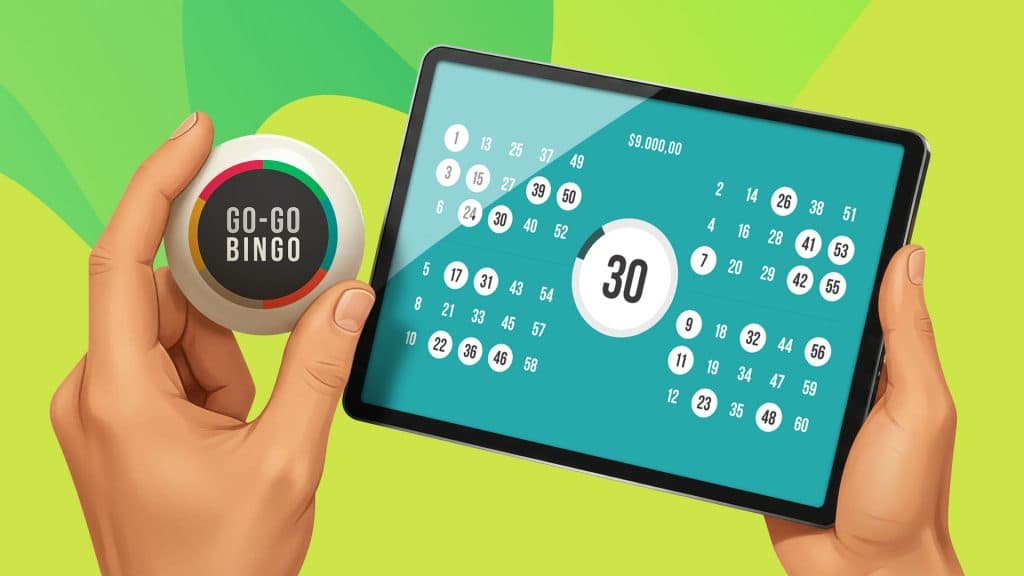 Four bingo cards are shown on an iPad screen on a lime-green background, demonstrating how Go-Go Bingo works.
