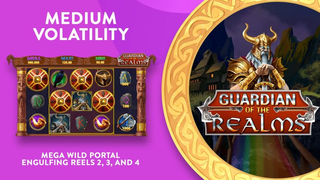 The game called “Guardian of the Realms” is shown inside a gold-rimmed sphere. To its left on a purple background is a 5x3 grid with the game in action, and information including medium volatility and a mega wild portal.