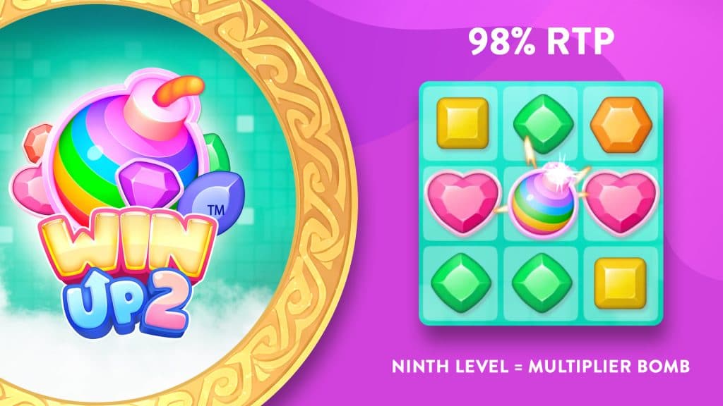 A pastel-colored ‘Win Up 2’ logo is to the left of a 3x3 grid on the right that shows matching jewels, and a 98% RTP above it.