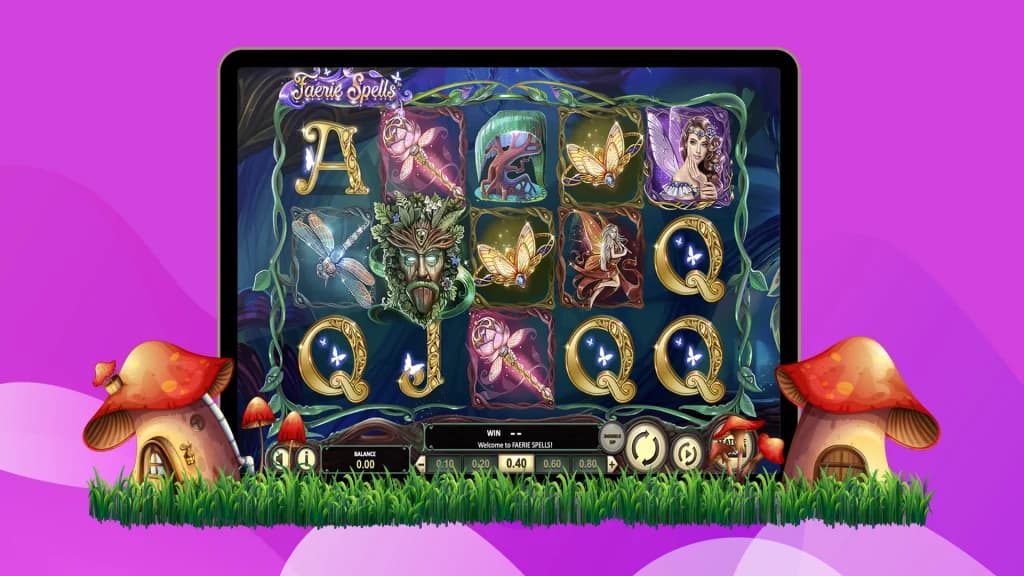 Faerie Spells slot reels with fairy, mushroom, and forest symbols