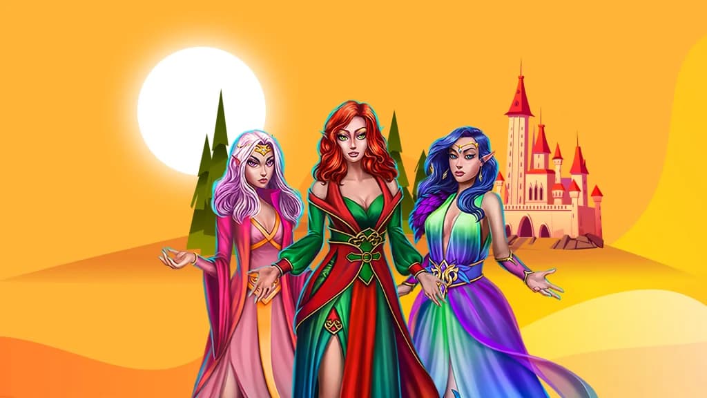 Fairy Wins slot characters in front of a castle and moonlit forest