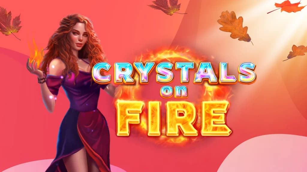 Crystals on Fire slot logo beside red-haired sorceress holding flames