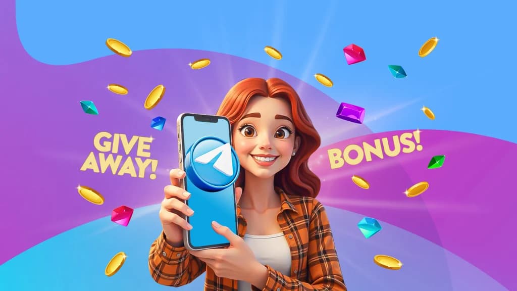 Woman holding a phone with Telegram logo beside Giveaway and Bonus text