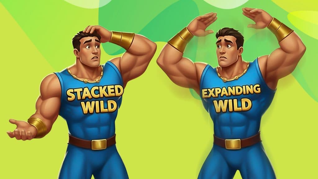 Two buff men scratch their heads and lift their arms in confusion. Their blue tank tops say “Stacked Wild” and “Expandig Wild,” and they’re standing on a green background.