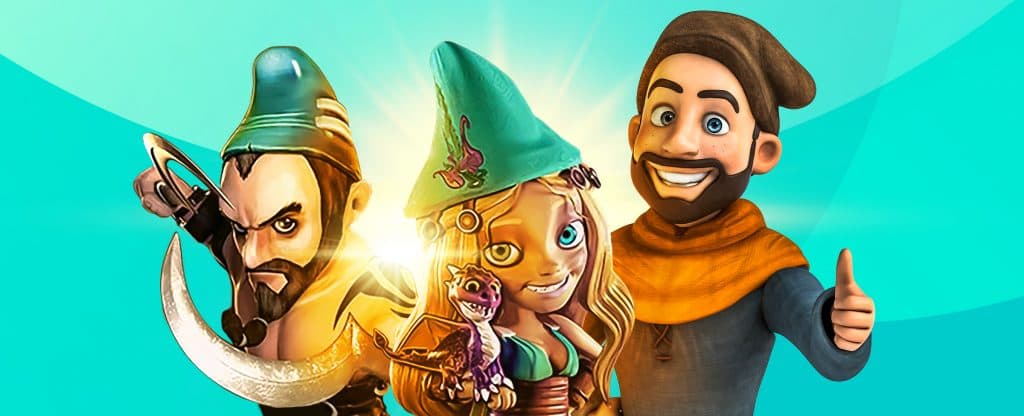 Reign of Gnomes slot characters with a gnome, warrior, and guide