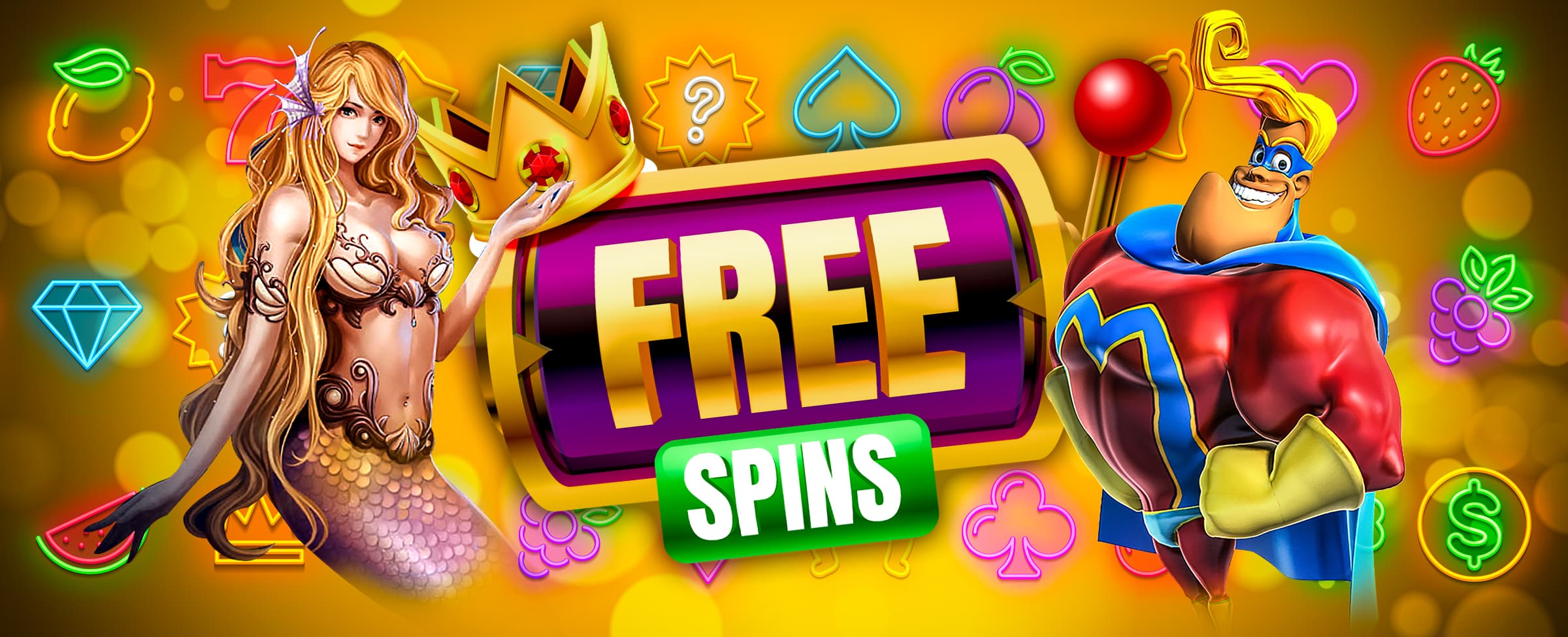 Free spins banner with slot characters and neon casino symbols