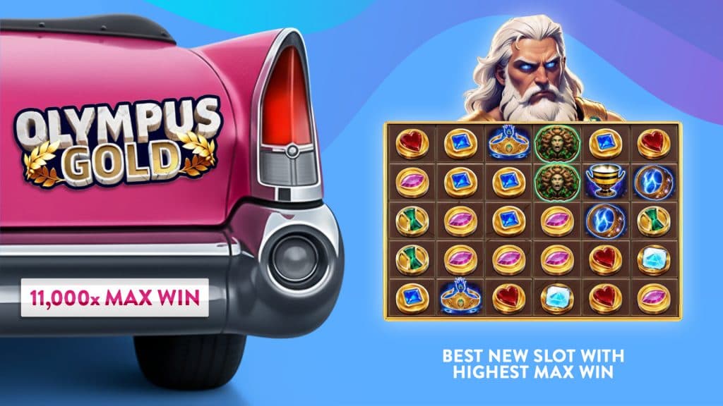‘Olympus Gold’ is displayed on a pink convertible, with an 11,000x max win on its bumper. To the left, Zeus is poised above a 6x5 grid showing the game in action, and pointing out how it’s the best new slot with the highest max win.