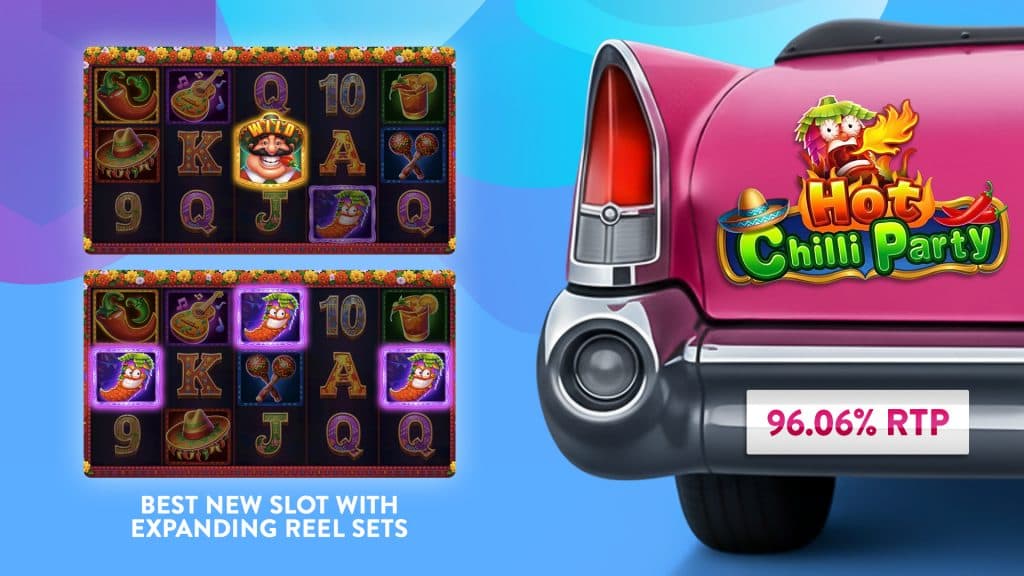 Two slot screens on the left show the ‘Hot Chilli Party’ slot game in action. On the right is the game’s logo on a pink convertible, with its 96.06% RTP.