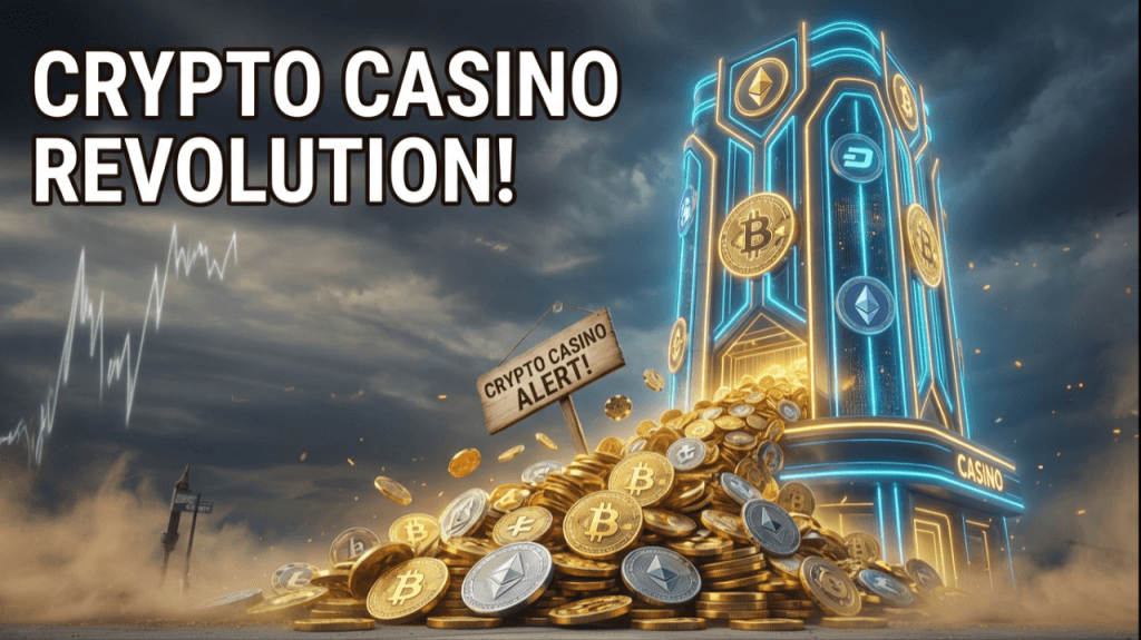 bitcoin coins shown behind a tech tower with text "crypto casino revolution"