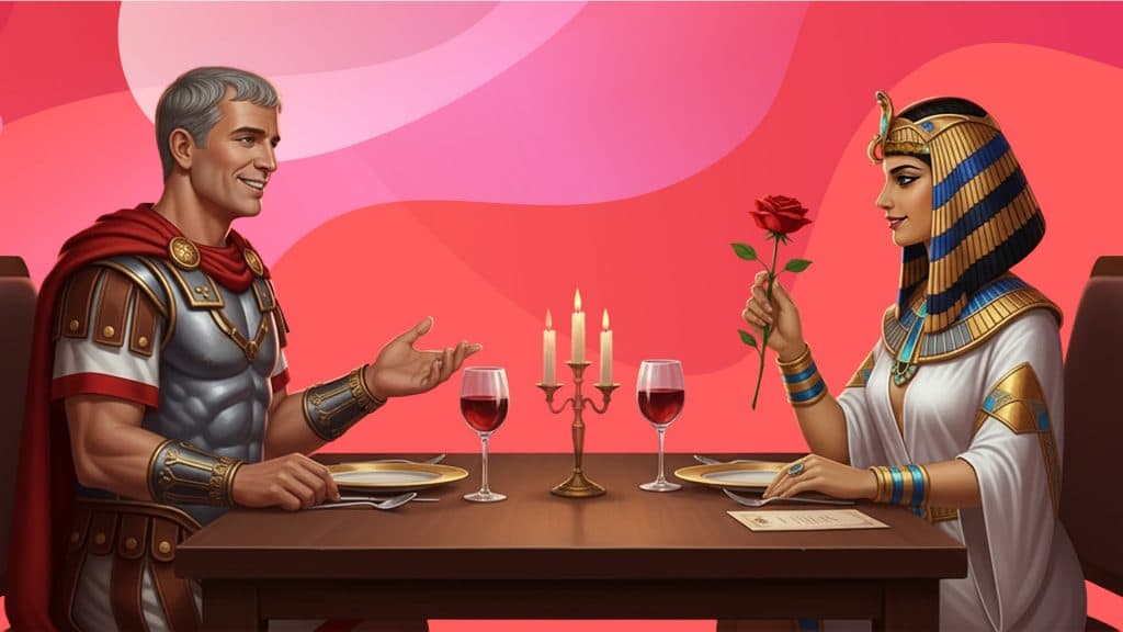 Caesar has a date with Cleo, sipping wine and awaiting their food with gold plates.