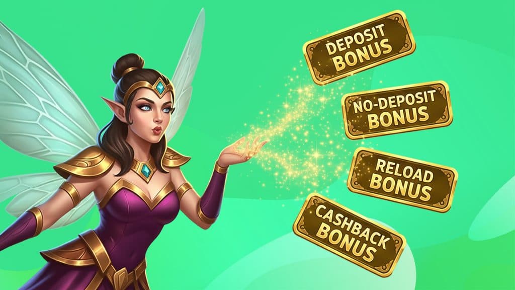 On a green background, a fairy blows gold dust onto the different types of slot bonuses: deposit bonus, no-deposit, reload, and cashback.
