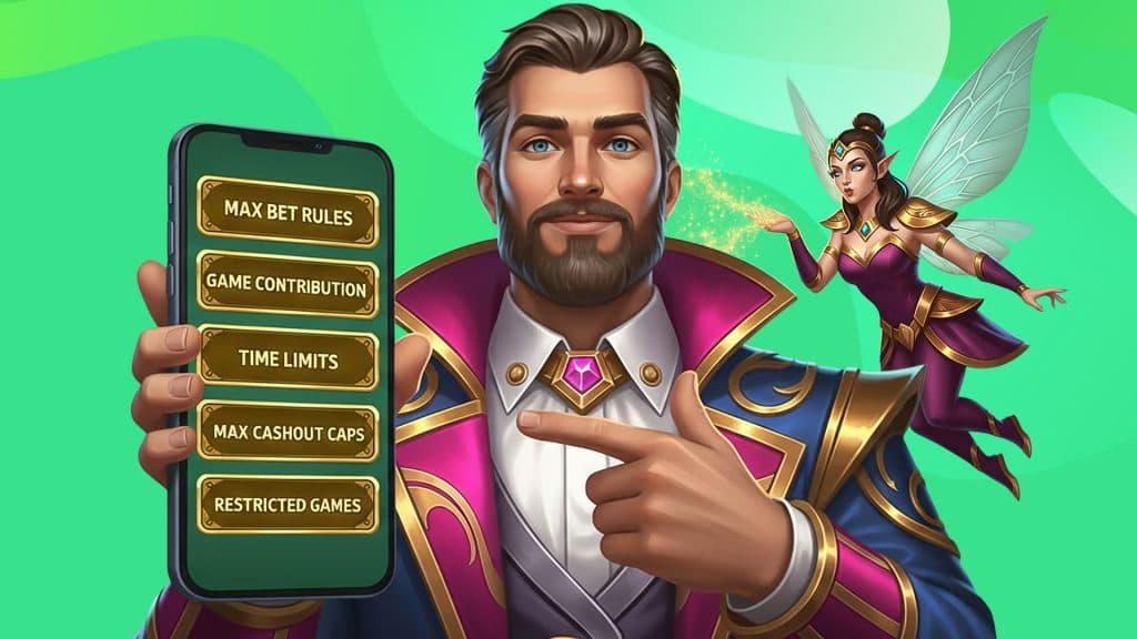 There’s a man in a pink, blue, and gold suit, pointing to his phone, showing max bet rules, game contribution, time limits, max cashout caps, and restricted games.