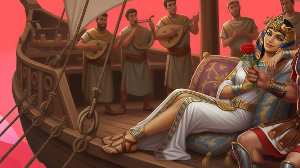 On a wooden boat, Cleo lounges as her date holds her rose. Five musicians play instruments on the boat.