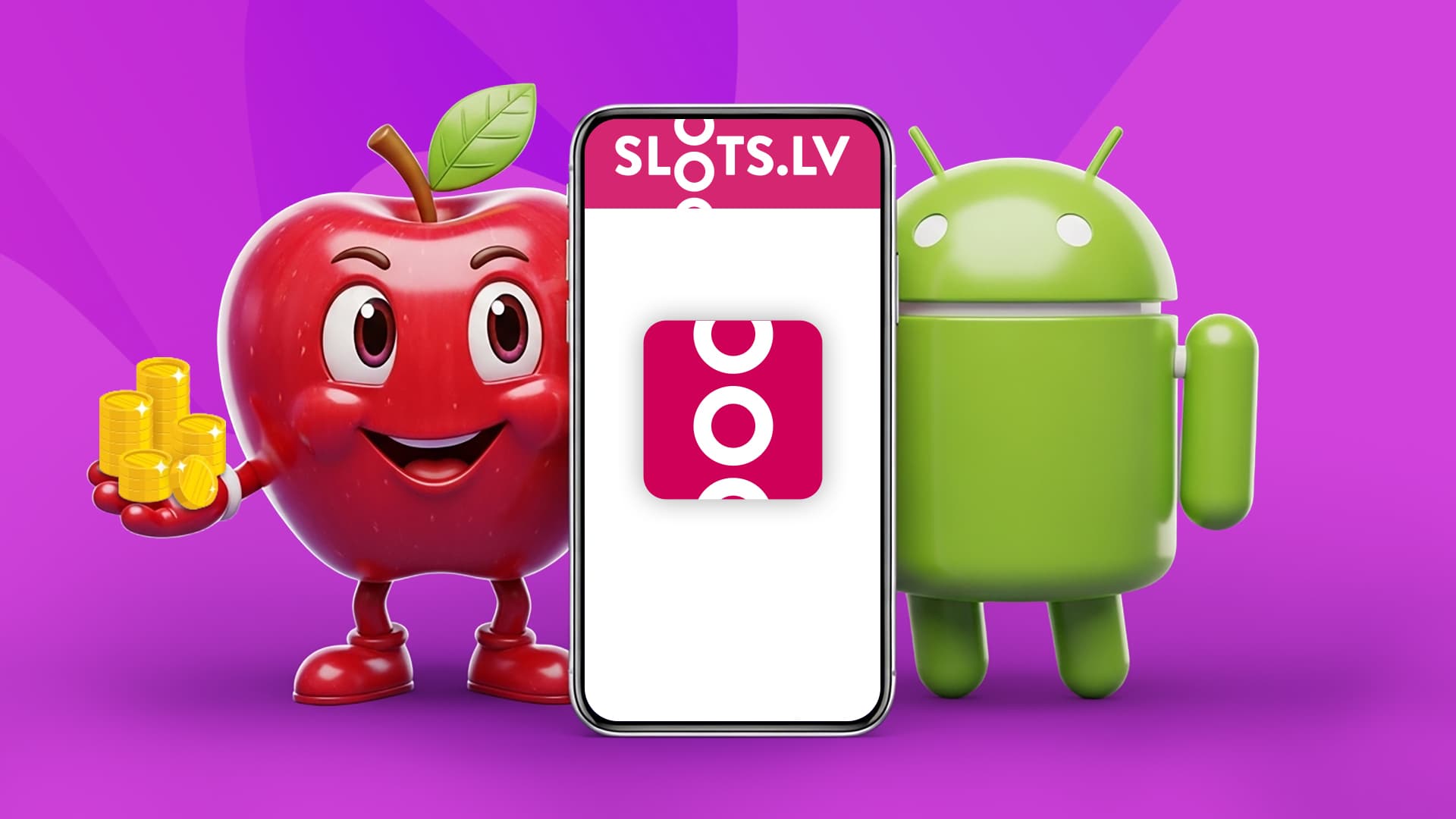On a purple background, an apple holds a stack of coins in its right hand. To its left, a phone screen shows the SlotsLV website, and the Android robot stands at attention.