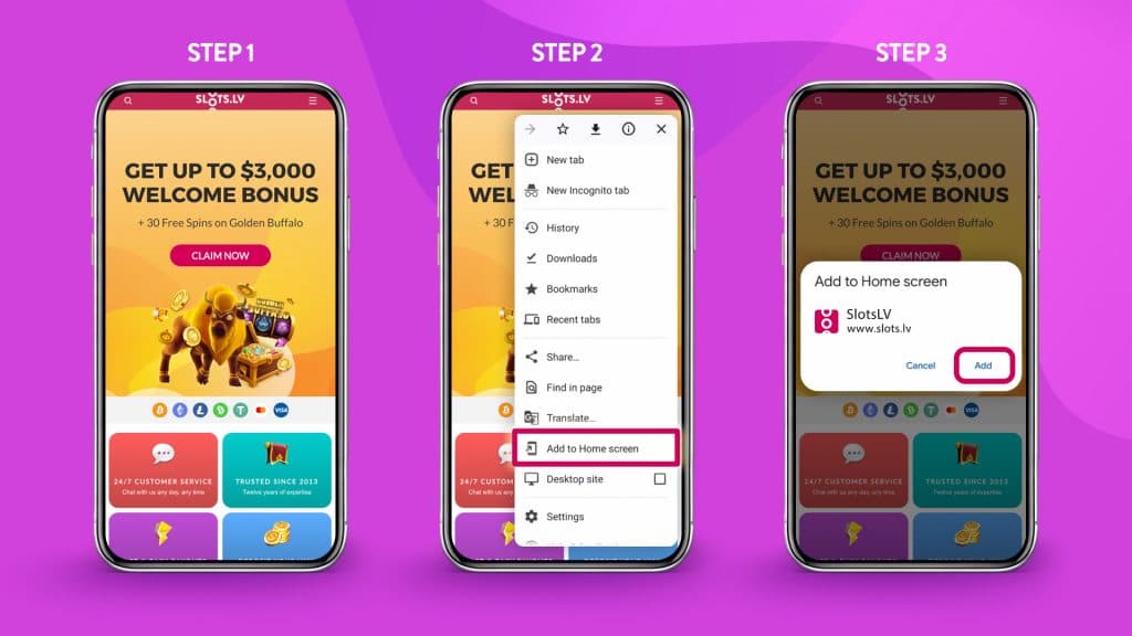 Three smartphones are in a line, showing the three steps to download the SlotsLV app on Android.