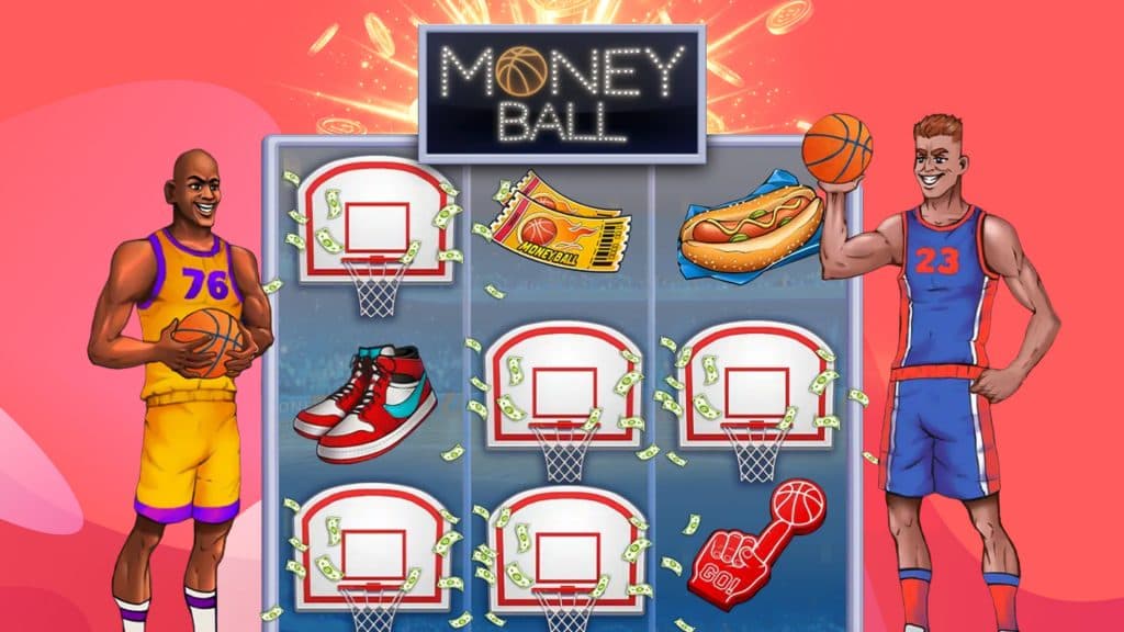 Two players stand on either side of a 3x3 slot game called Money Ball, populated with symbols showing the hoop, tickets, sneakers, a foam finger, and a hotdog.