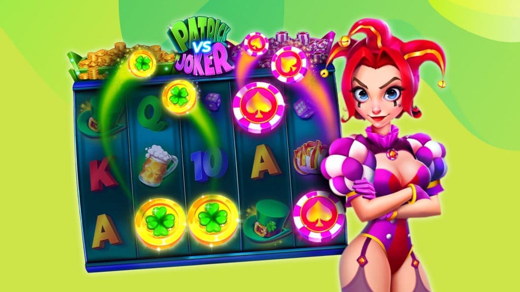 The Joker lady stands mischievously beside the Patrick vs. Joker slot game in action on a lime green background.