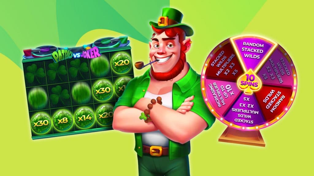 Patrick the Leprechaun crosses his arms with a pipe in his mouth on a lime green background. Behind him, his slot game spins in action, and a bonus wheel with bonus options spins on the other side.