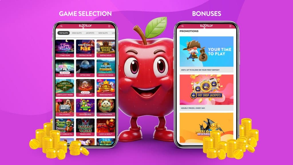 A smiling red apple is in the center of two smartphones showing the game selection at SlotsLV Casino and the available bonuses.