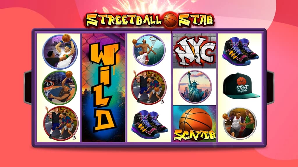 Streetball Star displayed on a bright pink background, with an expanding wild taking over reel two.