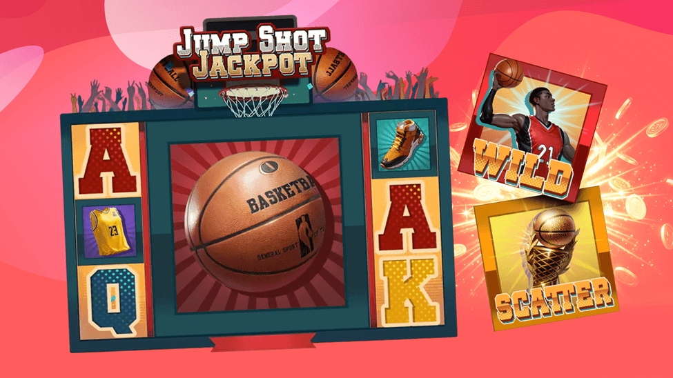 Two basketball symbols are stacked to the right of a screen showing the Jump Shot Jackpot game in action on a bright pink background.
