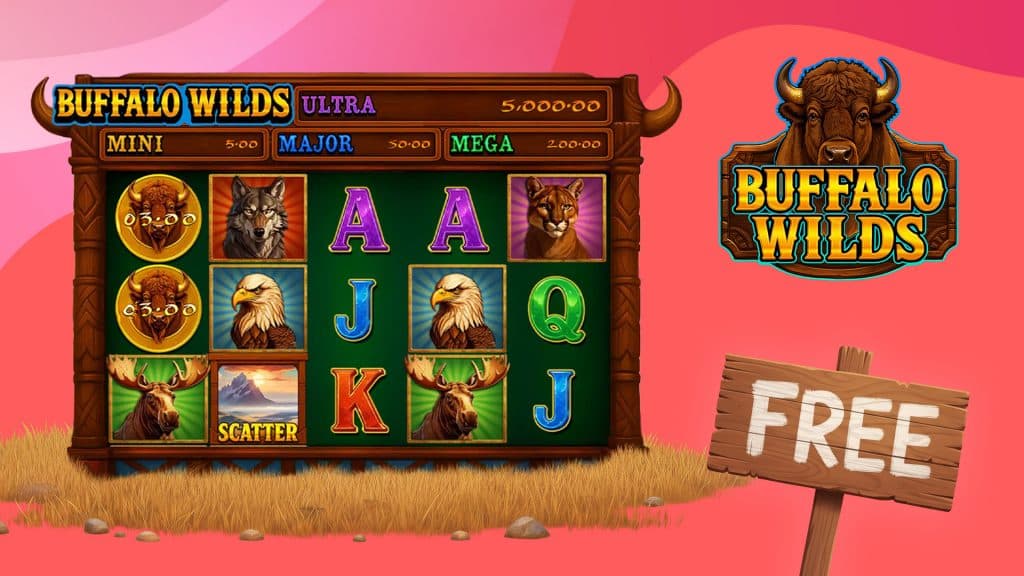 On a pink and red background, the Buffalo Wilds slot spins beside a wooden “Free” sign showing that you can play it for free.
