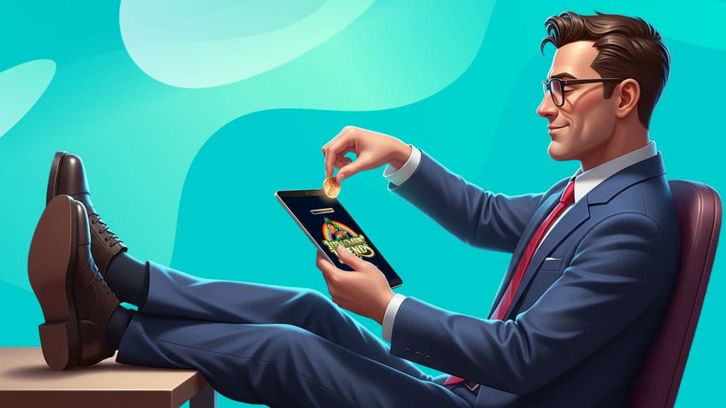 A man in a blue suit and red tie inserts a coin into his tablet to play the penny slot Leprechaun Legends. He’s relaxed, with his feet upon a desk.
