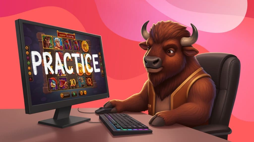 A buffalo sits comfortably at a desk, spinning a slot in “Practice” play on a desktop computer.