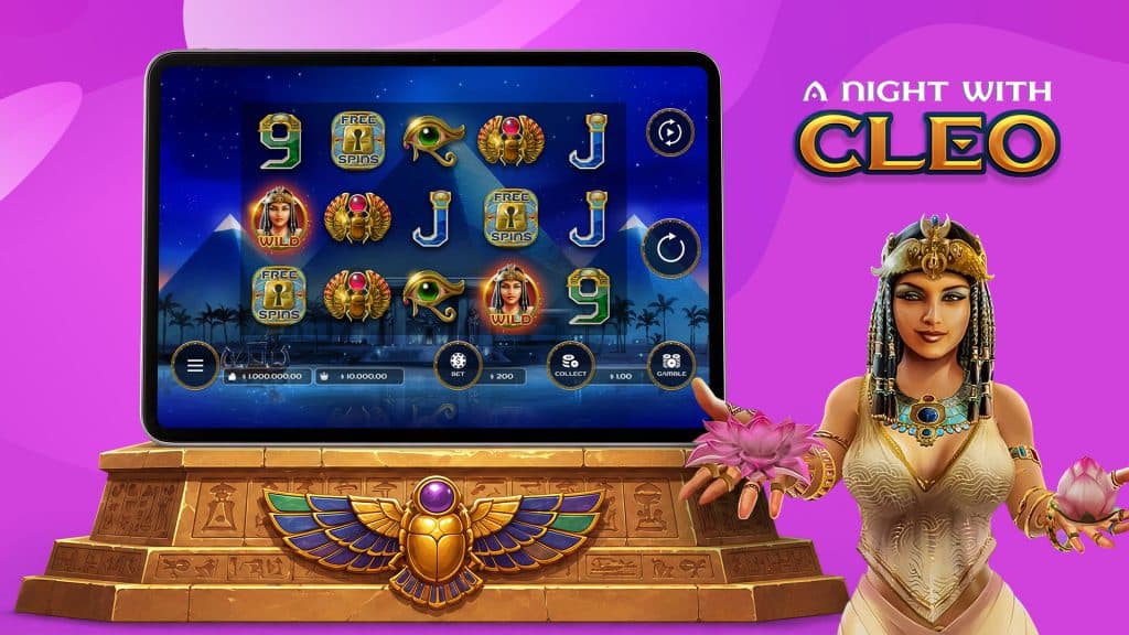 Cleo extends her hands with two lotus flowers. To her left is a tablet with the A Night With Cleo game on it, resting on a pedestal.