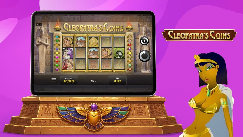 Cleopatra leans seductively to the right of her slot game, Cleopatra’s Coins, which is played on a tablet to her left.