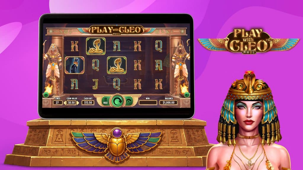 The Cleopatra slot, Play With Cleo, rests on a gold pedestal. Cleopatra herself stands on the right side, with the game’s logo above her.