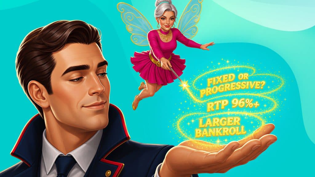 Three factors for choosing a slot hover in gold print over a man’s hand: Fixed or progressive, RPT 96%+, and larger bankroll. The factors are spelled out in gold fairy dust by a fairy.