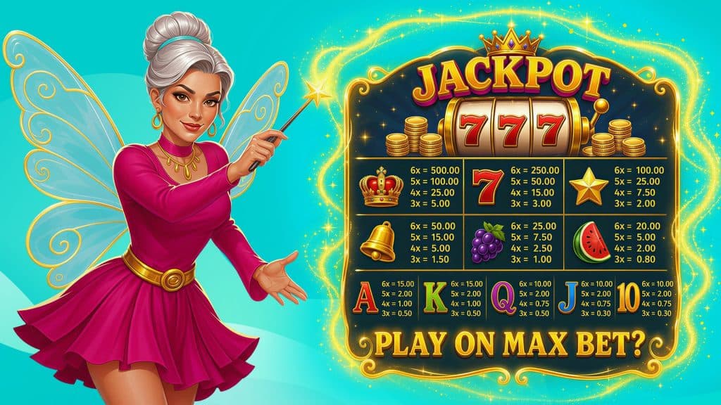 A fairy points her wand at a jackpot slot paytable, asking the question of whether you should play on the max bet.