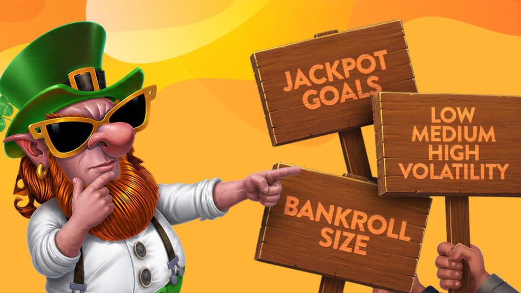 Three wooden signs show the three main factors to look out for when picking a slot. Larry the Leprechaun points to them in thought.