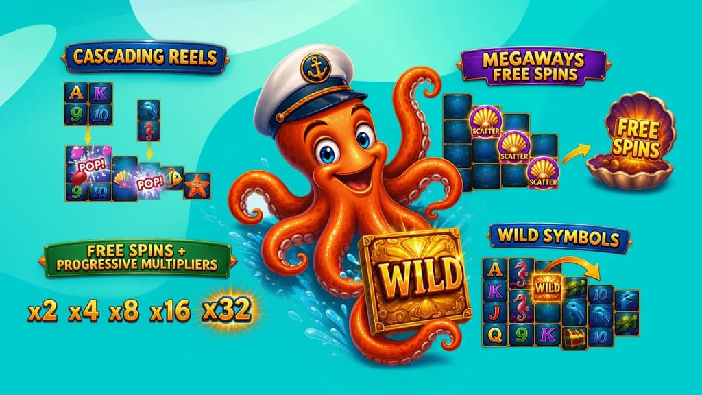 On a teal background, an orange octopus holds a wild symbol. To its right is a demonstration of cascading reels and free spins with progressive multipliers. To its left is a representation of Megaways Free Spins.
