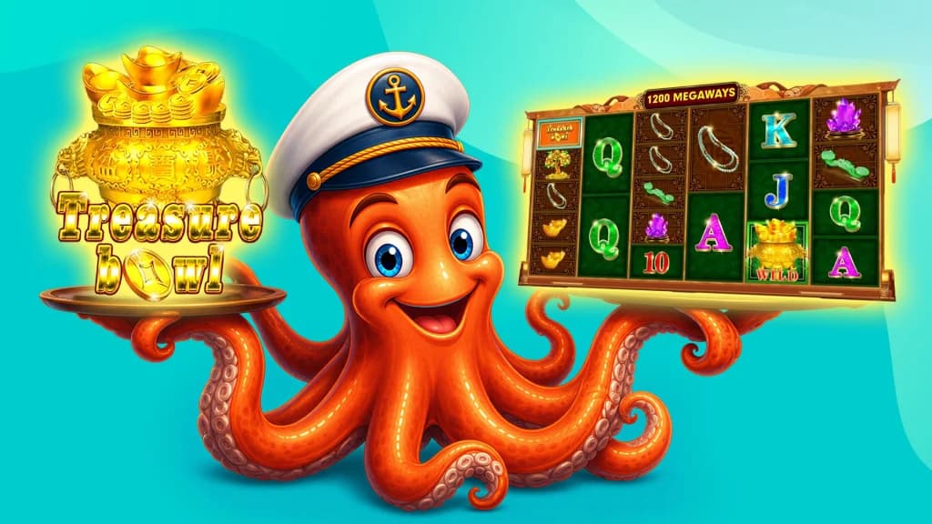 Presenting a Treasure Bowl on a few tentacles and 1200 Megaways on others, an orange octopus in a sailor’s hat is excited to show his favorite Megaways slots.