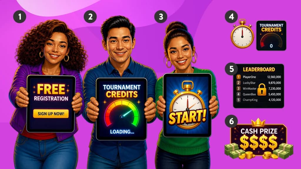 First-, second-, and third-place winners of a slot tournament show iPads with instructions on how slot tournaments work, including a few steps off to the side.