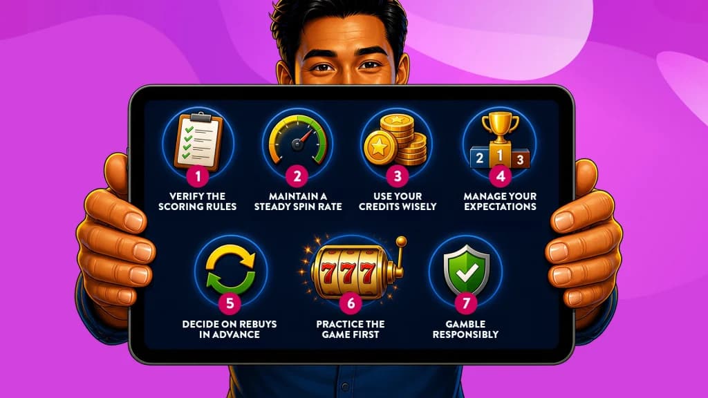 A man holds up an iPad showing the seven tips for playing in a slot tournament.