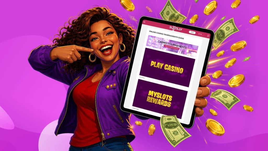 On a bright purple background, an iPad display shows the SlotsLV Casino page, which provides information on participating in a slot tournament, held by an excited woman in a purple jacket.