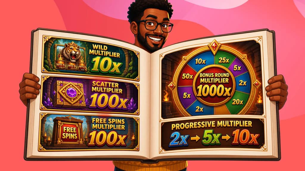 An open book shows the different types of multipliers: wild multipliers, scatter multipliers, free spins multipliers, bonus round multipliers, and progressive multipliers.