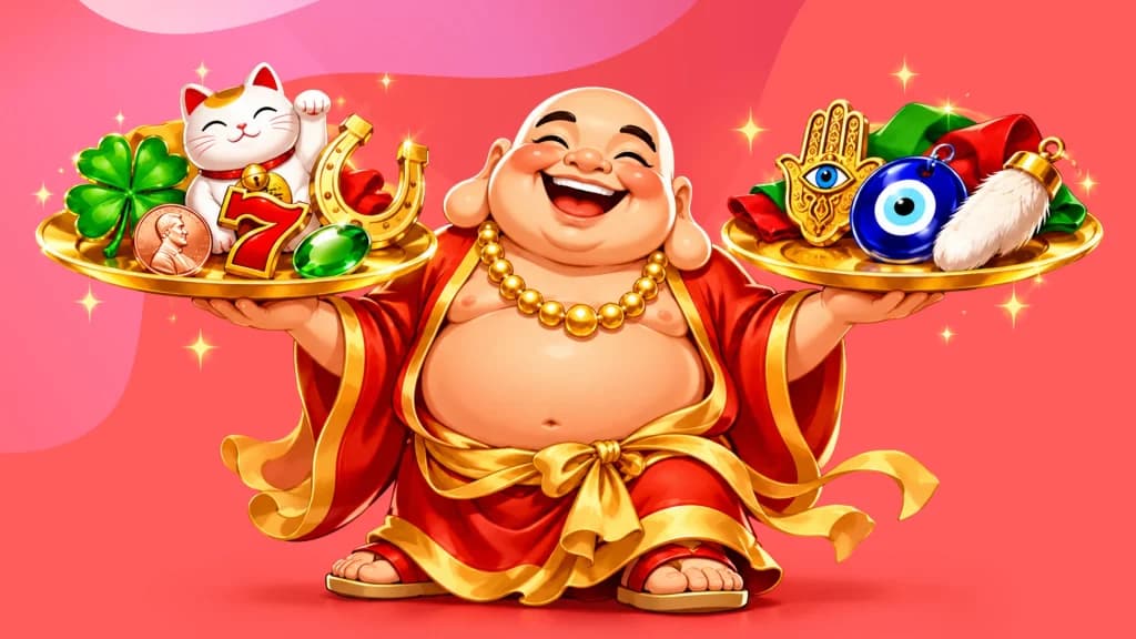 A laughing Buddha holds two trays against a pink-and-red background. Each tray holds gambling lucky charms from around the world.