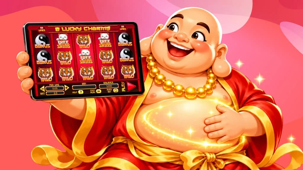 Holding an iPad with the slot game 8 Lucky Charms at SlotsLV Casino, a laughing Buddha rubs its lucky belly before it plays.