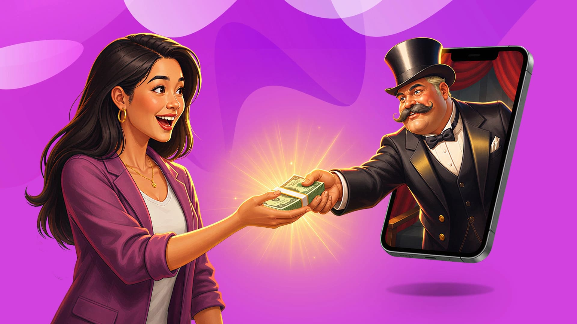 A woman in a purple blazer receives a wad of cash from a man in a top hat and tux emerging from a smartphone.