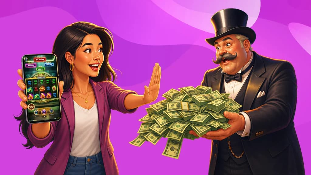 With a pile of cash in his open arms, a man in a top hat and tux tries to hand it to a woman, but she holds out her hand to reject it. She holds up a smartphone, showing that she’s still playing a game before she withdraws.