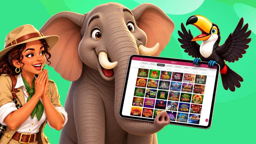 Smiling broadly, an elephant uses its trunk to hold up an iPad showing the broad library of slot games at SlotsLV Casino.