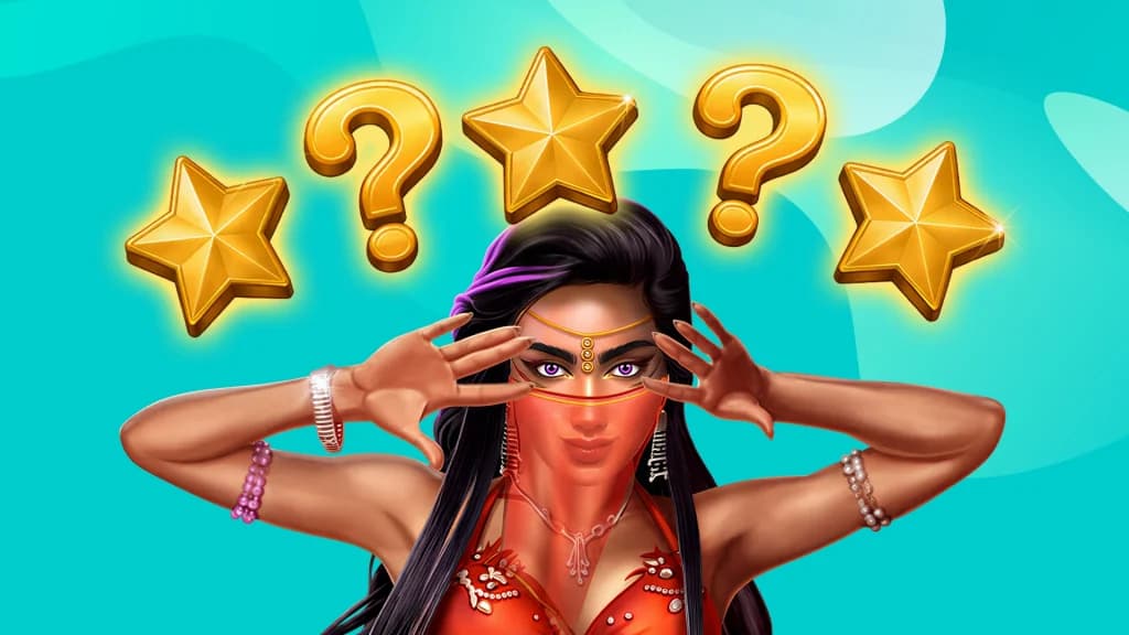 An Arabian princess dances beneath alternating star and question mark symbols on a teal background.